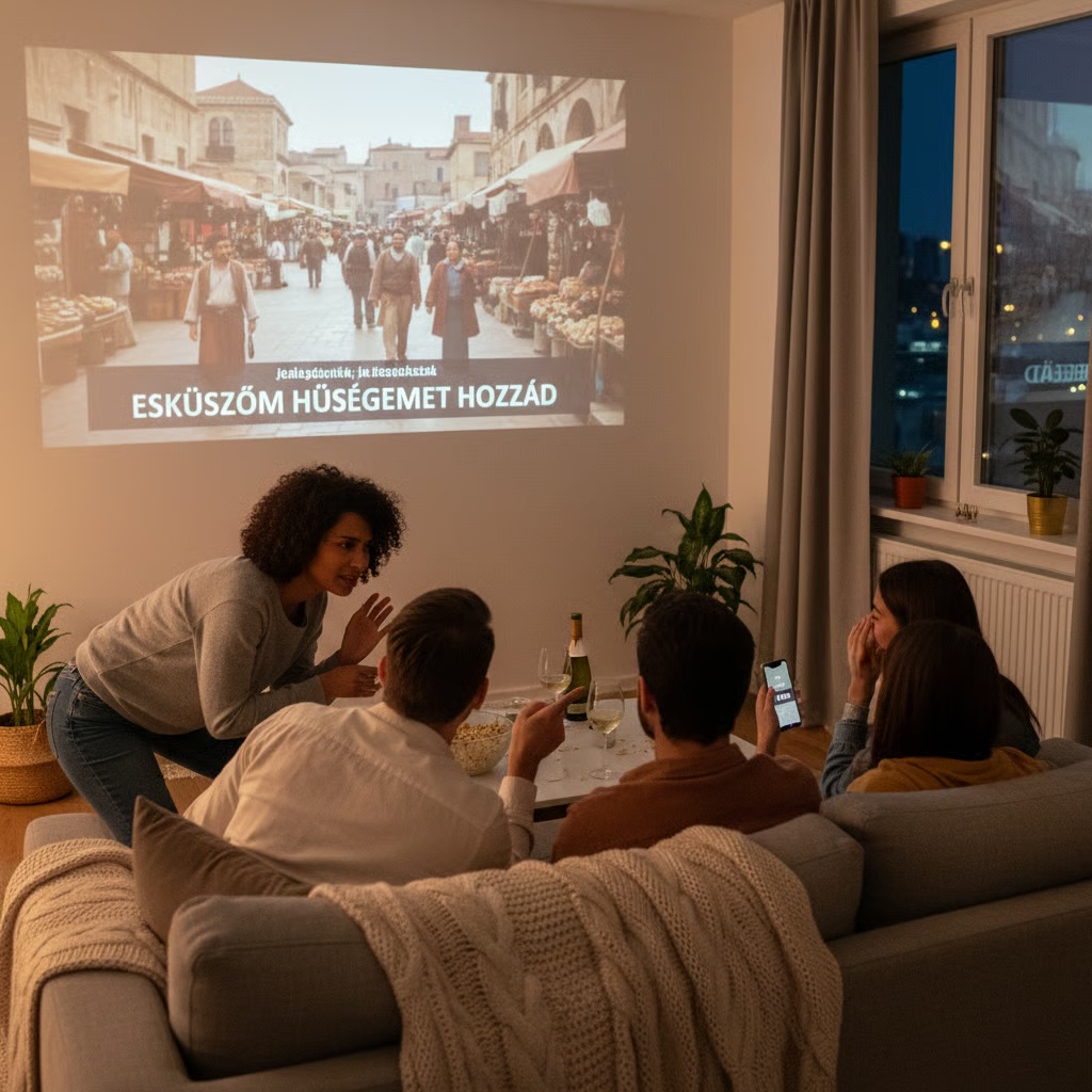 A group watches a foreign film together in this cozy scene.